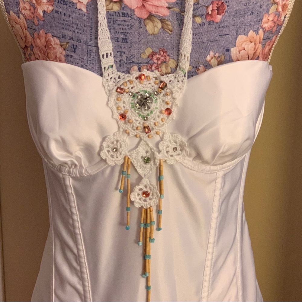 NWOT White satin crochet halter corset